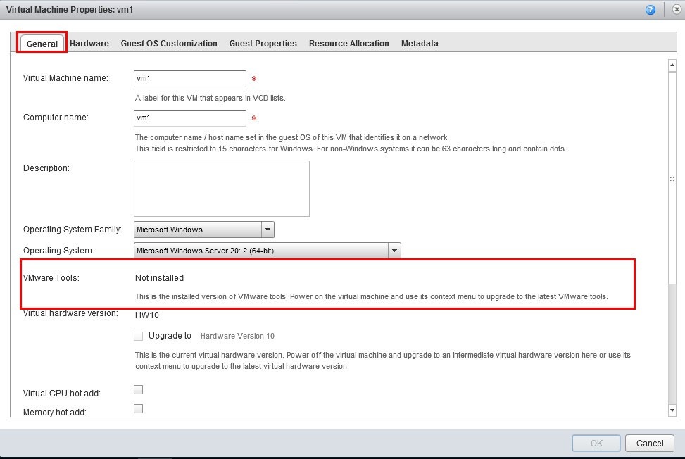 Свойства ВМ консоли vCloud Director
