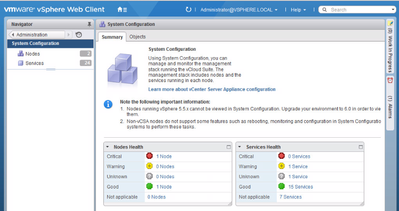 Окно «Системная конфигурация» в vSphere Web Client