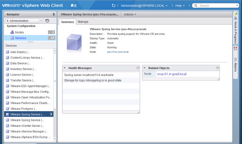 Параметры службы VMware Syslog