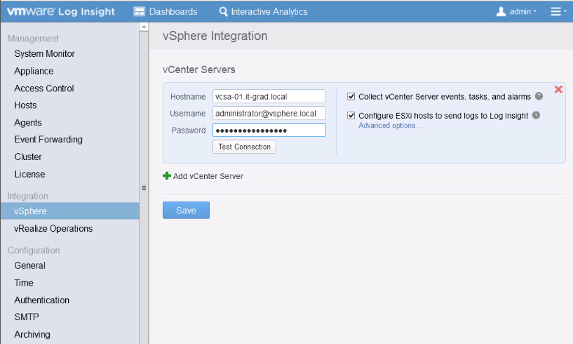 Окно vSphere Integration