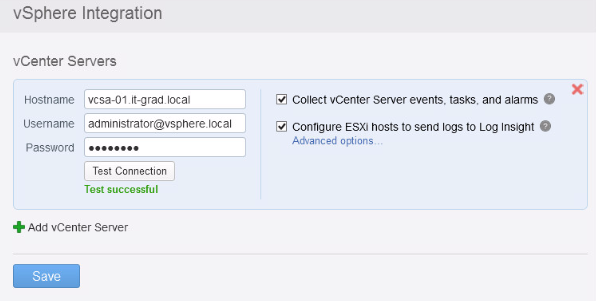 Окно vSphere Integration и успешный результат теста