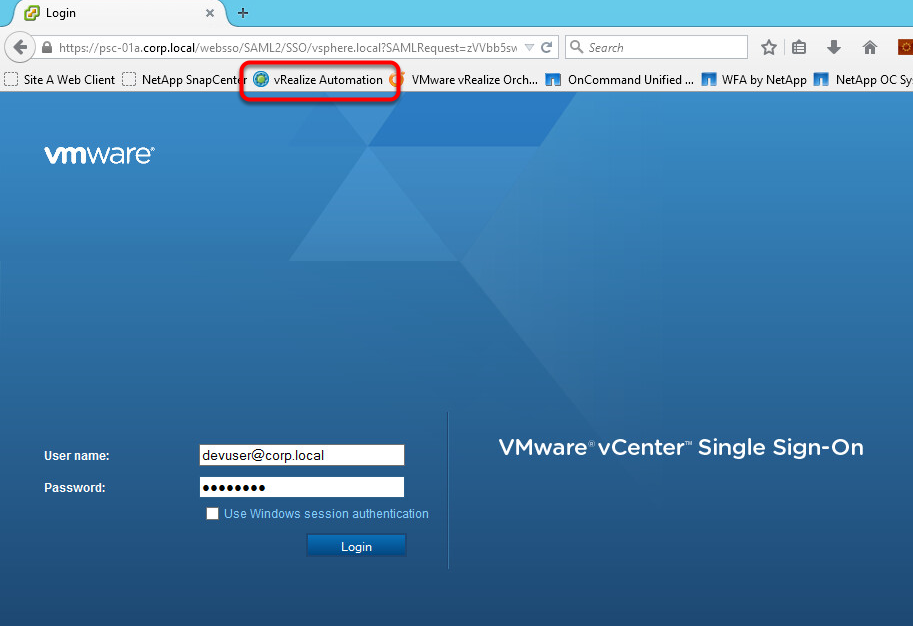 Подключение к VMware vRealize Automation через Single Sign-On