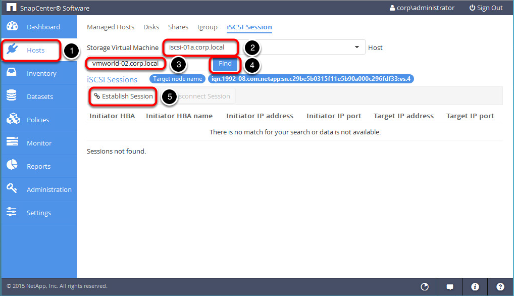 Использование опции Establish Session консоли SnapCenter