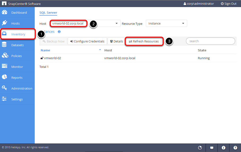 Функция Refresh resources в SnapCenter