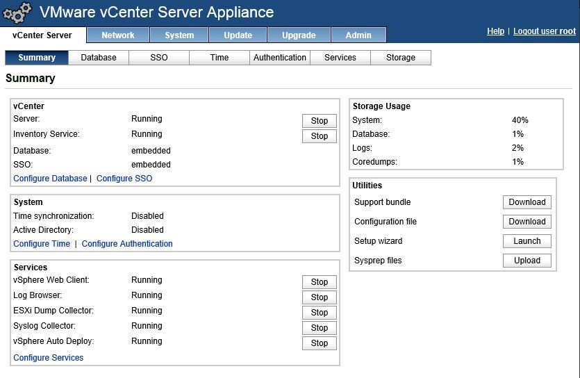 Окно управления vCenter Server Appliance