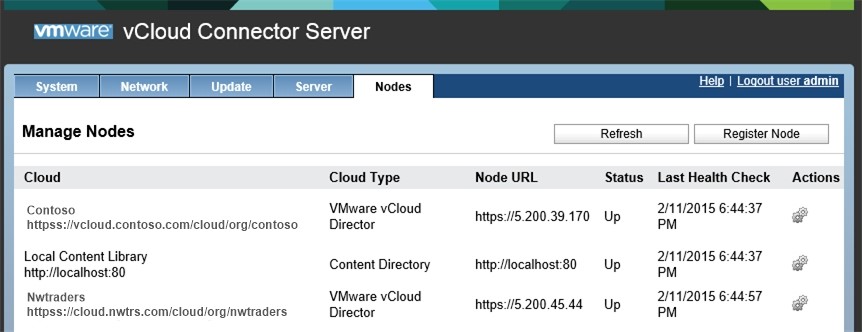 Пример зарегистрированных vCloud Connector Nodes в vCloud Connector Server