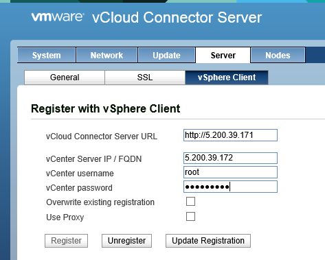 Окно конфигурации vCloud Cloud Connector Server