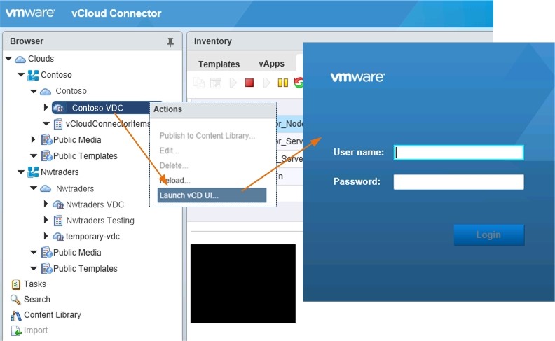 Пример запуска веб-консоли vCloud Director через панель vCloud Connector