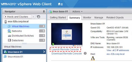 Подключение к ВМ linux-base-01 средствами vSphere Web Client